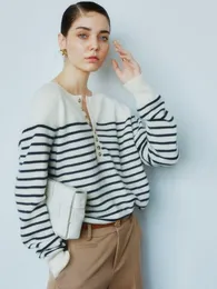 Women's Sweaters O-Neck Stripe Sweater French Style Half Open Collar Buttoned Horizontal Cardigan Long-sleeved Pullover Lazy Knit Top