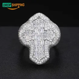 Dropshipping baguette cruz anel 925 prata esterlina vvs moissanite diamante gelado para fora hip hop anel rock rapper moda jóias