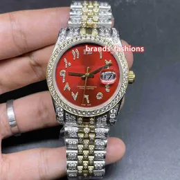 Popular New Men's Hip Hop Wristwatch Red Face Arabic Scale Bi-gold Strap Fully Automatic Mechanical Diamond Watches229d