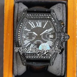 TWF Tortue XL tw62020X6 Orologio da uomo Giappone Miyota Cronografo al quarzo PVD Acciaio Diamanti Quadrante nero romano Cassa con diamanti ghiacciata Leath246C