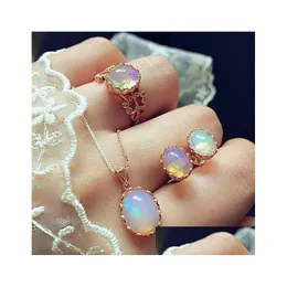 Pendant Necklaces 3Pcs Elegant Transparent Gemstone Earrings Rings Set Combination Jewelry Gift For Girlfriend Mom Drop Delivery Penda Dhqkc