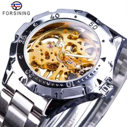 ForSining 2018 Silver rostfritt stål Gear Case Golden Skeleton Clock Men's Mechanical Wates Top Brand Luxury Luminous Hand2537