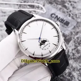 Nowy Master Ultra cienki 1368420 Faza księżyca White Dial Automatyczna męska zegarek Srebrny Pasek skórzany Pasek