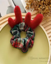 Bows christmas party hair accessories girls cartoon stereo antlers fox scrunchie kids plaid elastic ponytail holder hairb28729238022747