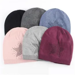 Beanie/Skull Caps Beanie/Skl Style Lomens Winter Warmer Fashion Knitted Cotton Beanies Solid Color Star Rhinestone Casuare SKL HIP HOP DHZJK