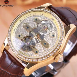 ForSining Fashion Diamond Tourbillion Display Brown äkta lädervatten motstår män titta på topp automatiska armbandsur252s