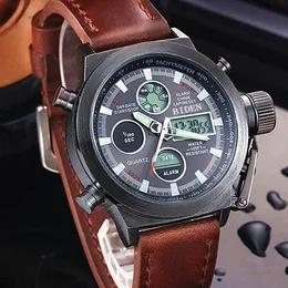 Relojes de pulsera BIDEN Marca Hombres Diver LED Reloj deportivo digital Cuero genuino Nylon Cuarzo Impermeable Relogio Masculino223F