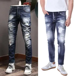Detalhes do ponto acento jeans pré-danificados homens magro ajuste rasgado lixívia lavagem pintado calças de cowboy223a