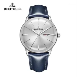 Zegarek na rękę 2021 REEF TIGER RT Sukiety dla mężczyzn Blue Leather Band Convex Lens White Dial Automatyczne RGA823812899