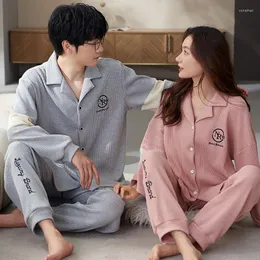 Men's Sleepwear Couples Cotton Waffle Nightwear Korean Fashion Cardigan Home Clothes Women And Men Matching Pajamas Set Pijamas Mujer Hombre