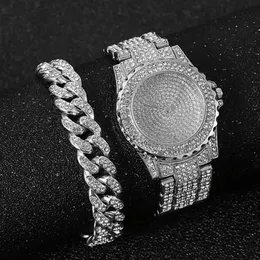 Bilek saatleri kadınlar için bileklik izle Küba zinciri cazibesi buzlu moda lüks altın set takılar relojes187a