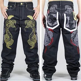 Whole-2015 nova moda masculina perna larga jeans bordado ouro python calças soltas patinação hip-hop rua rap calças de dança s290y