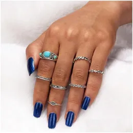 Anelli a grappolo 7 pezzi / set vintage grande pietra blu punk antico intagliato moda midi dito per le donne bohemien knuckle anello set gioielli goccia Dh6Cg