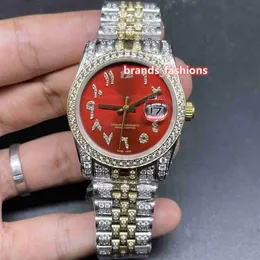 인기있는 New Men 's Hip Hop Wristwatch Red Face Arabic Scale Bi-Gold Strap Fully Automatic Mechanical Diamond Watches316u