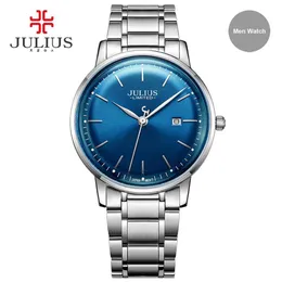 Julius varumärke rostfritt stålklocka Ultra Thin 8mm män 30 m vattentät armbandsur Auto Datum Limited Edition Whatch Montre JAL-040221V