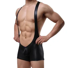Sexy Men Undershirt Faux Leather PU Wrestling Singlet Jumpsuit Suspender Slim Teddies Underwear One-Piece Bodysuit Black223h