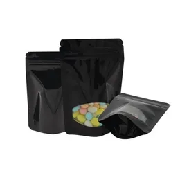 wholesale Black Color Snack Self seal Bag with Clear Window Stand Up Pouch Bags Various Sizes Zipper Top Heat Sealable Glossy