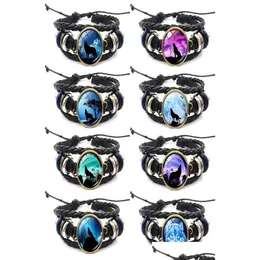 Charm Armbänder Mond Wolf heult handgefertigte Glascabochon gewebte Lederarmbänder Herren Schwarz Tier Armband DIY Schmuck für Frauen647927 Dhsa0