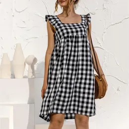 Women's Blouses 2023 Sexy Plaid Ruffles Mini Dress Fashion Women Evening Party Beach Swing Femme Casual Sleeveless Dresses Vestidos