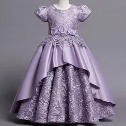 Abito da ragazza a fiori in pizzo viola abito da ballo elegante compleanno matrimoniale bateau appliqued abiti da concorso per bambini in più