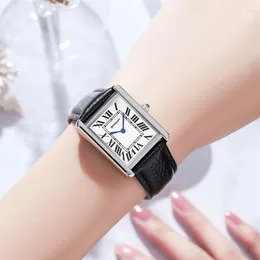腕時計監視サンダ長方形の女性のための銀ケースブラックバンドレザークォーツ手首の時計エレガントファッションレディース2400