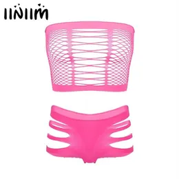 Iiniim Set di biancheria intima sexy da donna Seno scava fuori Sissy Club Abiti senza maniche a rete Crop Top con slip Mutandine Intimo Br302x