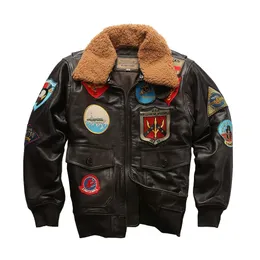 Skórzanie mężczyzn Faux Bomber G1 Flight Layer Cowhide Kurtka 100 Wysokiej jakości mężczyzna prawdziwy wypoczynek klapowy 231005