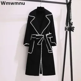 Womens Wool Blends Overdimensionerade 4xl Fall Winter Woolen Long Coats Lapel Slend Jackets med bälten Koreanska eleganta tjocka överrockar 230928