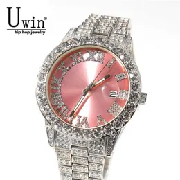 Uwin Big Dial zegarki różowe fioletowe niebieskie czarne czarne pełne lodowatą lodowatą stal nierdzewną moda luksusowy kwarcowy biznes 210728219p