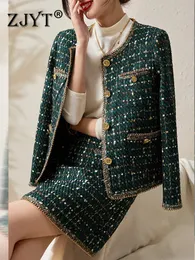 Dwuczęściowa sukienka Zjyt Luksusowe tweedowe zestawy wełniane 2 damskie kurtki i strój garnituru spódnica zielony jesienny zima vintage biuro Party 231005