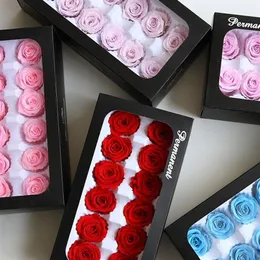 Caixa de presente de flores rosas preservadas, 3-4cm, 12 peças, grau a, dia dos namorados, lembrança, cabeças de rosas eternas para decoração de festa de casamento, 208k