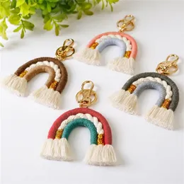 مفاتيح مفاتيح Boho Rainbow Tassel Woven Keychain Carking Holder Bag Base Decor