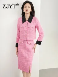 ツーピースドレスZJYT秋の冬女性ファッションツイードウールジャケットスカートスーツオフィスレディー衣装ピンク231005