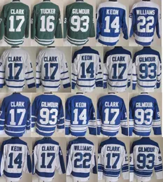 Mężczyźni retro hokej 17 Wendel Clark Jersey Vintage Classic 14 Dave Keon 16 Darcy Tucker 22 Tiger Williams emeryt 75. rocznica haft haft niebieski biały zielony zespół