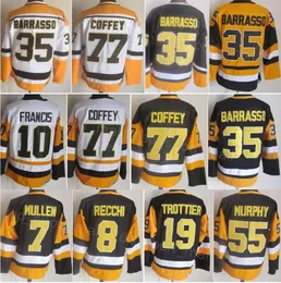 Mężczyźni retro hokej 8 Mark Recchi koszulka CCM emeryt 7 Joe Mullen 10 Ron Francis 19 Bryan Trottier 35 Tom Barrasso 77 Paul Coffey Vintage Classic Black White Haftery