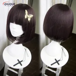 코스프레 가발 애니메이션 번고 길 잃은 개 Akiko Yosano Short Bob Purple-Black Heassent Cosplay Hair Butterfly Hairpin 231005