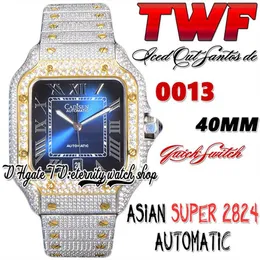TWF tw0030 Paved Diamonds ETA A2824 Automatic Mens Watch Blue Dial Roman Markers Gold Bezel Quick Switch Iced Out Diamond Bracelet242x
