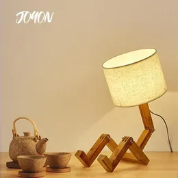 Lampy stołowe nowoczesne tkaninę sztuka lampa drewniana robot kształt drewniane światła E27 Uchwyt 110-240v