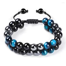 Bracciale in pietra naturale a doppia fila con magnetite da 8 mm, onice nero, occhio di tigre blu regolabile, per uomo e donna