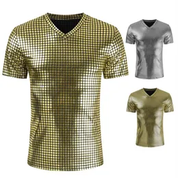 Herr t-shirts guld silver pläd metallisk nattklubb slitage tshirt män sexig ny disco party scen prom tshirts män smal fit v ne277b