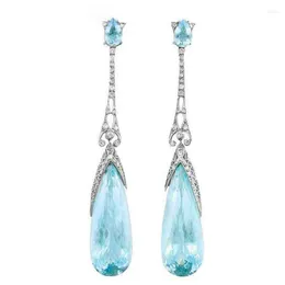Dangle Earrings Elegant Drop Shaped Zircon Stones For Women Vintage Jewelry Dazzling Silver Color Hollow Blue Stone Earring