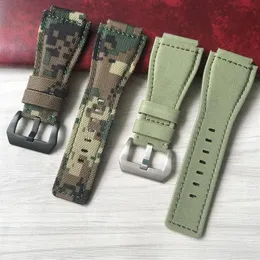 Titta på band av hög kvalitet 34mm 24mm Camo Army Green Nylon Canvas Leather Strap for Bell Series Ross BR01 BR03 Watchband Armband BE303P