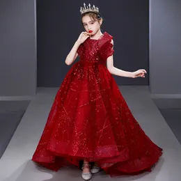 2023 Red Flower Girl Dresses For Weddings Tulle Party Dress for Kids Girl Lace Applicques Princess Ball Gown Pageant Backs Back Organza Girls Pageant Wear för tonåringar