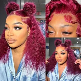 99j Colored Curly Lace Front Wig Burgundy Red Short Pixie Cut Bob Frontal Human Hair Wigs For Women Preplucked Water Wave