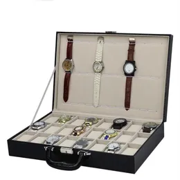 Коробки для часов Чехлы 24 сетки Черный кожаный чемодан из кожи аллигатора Чехол Дисплей Коробка для хранения Кронштейн Clock3174