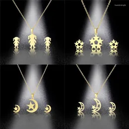 Necklace Earrings Set 20set/lot Stainless Steel Gold Color Moon Star Pendant Chain Stud Earring For Women Fashion Jewelry Gift