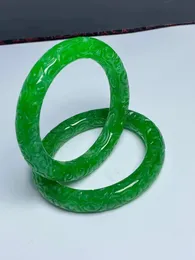 100% Natural Imperial Green bangles Hand carved pattern jadeite jade bracelet Elegant Lucky Handring