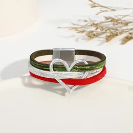 Braccialetti con ciondoli ALLYES Bracciale avvolgente retrò in metallo cavo con cuore d'amore per le donne Braccialetti natalizi in pelle a triplo strato Regali per feste