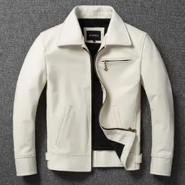 Men S Leather Faux äkta jacka Vit Lapel Calfskin Natural Cowhide Coat Slim Fit Top Layer Biker 231005