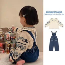 Tanzbekleidung Auf Lager Kinderhosen 2023 Herbst Retro-Stil Mädchen besticktes Polo-Hemd-Shirt Denim Hoher Taillengurt Apolina 230928